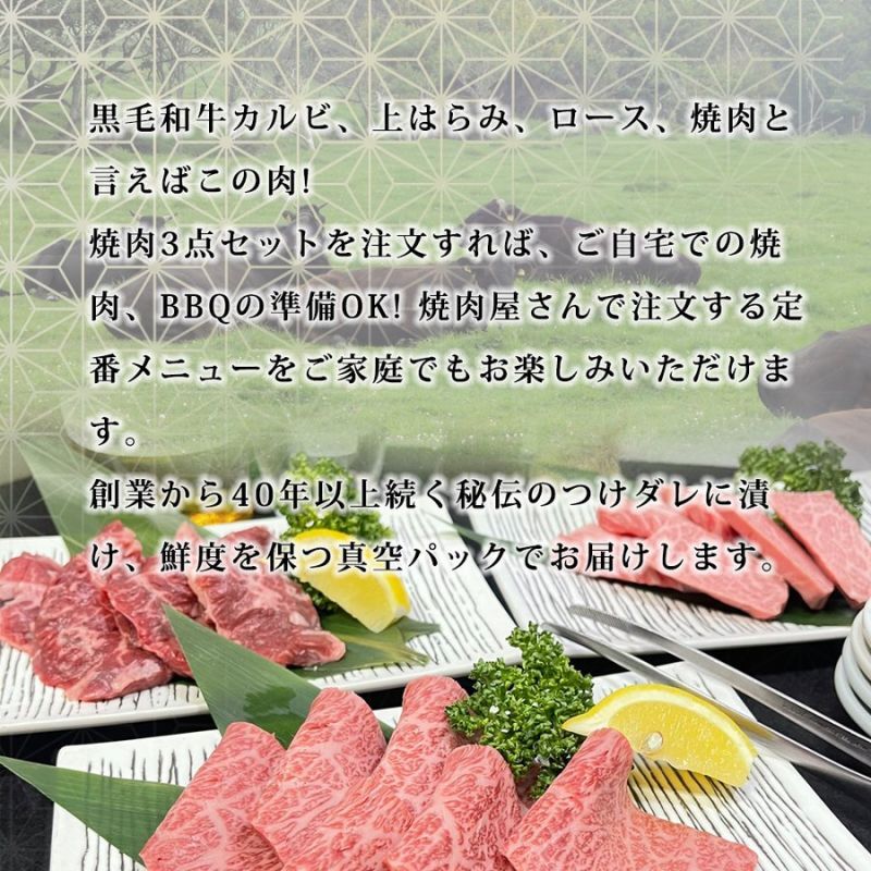 焼肉3点盛り送料無料【黒毛和牛カルビ】【上ハラミ】【黒毛和牛ロース】